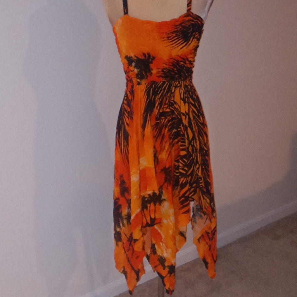 By The Sea Medium Orange Tropical Ruched Dress